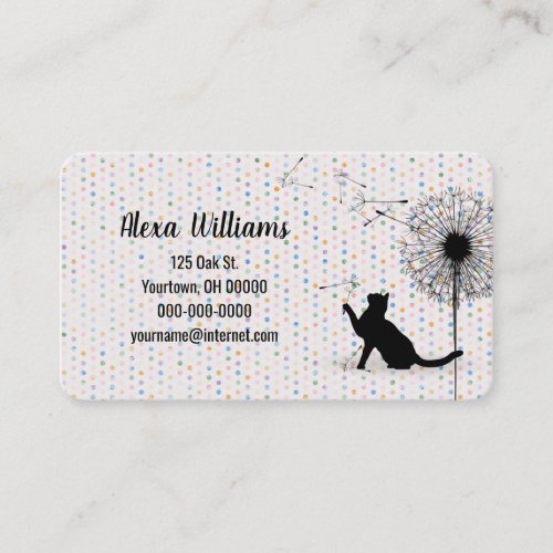 Black Cat with Dandelion on Polka Dots  Business Card