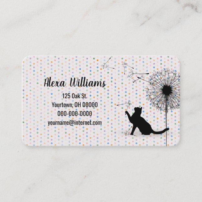 Black Cat with Dandelion on Polka Dots  Business Card (Front)