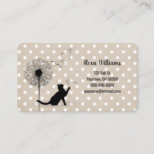 Black cat with dandelion on polka dots business card