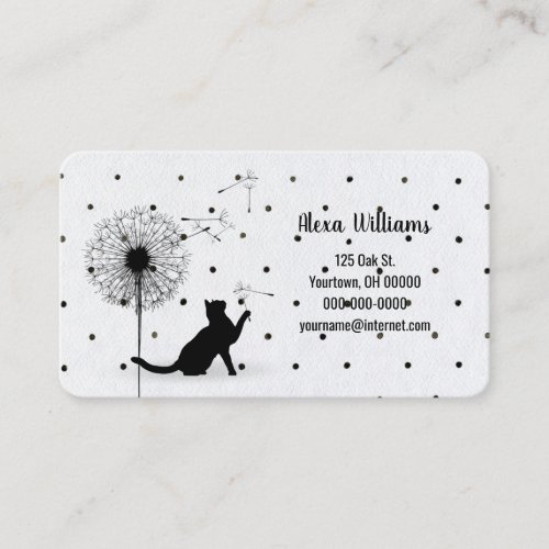 Black cat with dandelion on polka dots business card