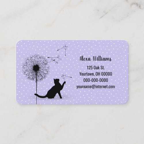 Black cat with dandelion on purple business card