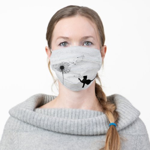 black cat with dandelion on wood adult cloth face mask