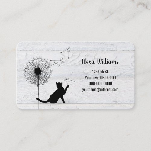 Black cat with dandelion on wood business card