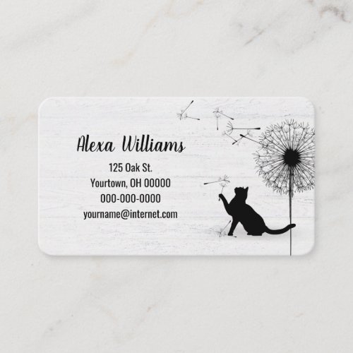 Black Cat with Dandelion on Wood Business Card