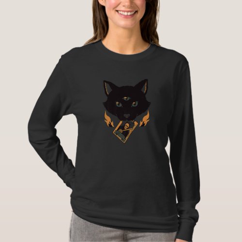 Black Cat With Death Tarot Card Reader Witch Esote T_Shirt