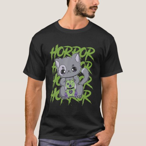 Black Cat With Eddy Bear For Horror Fans T_Shirt