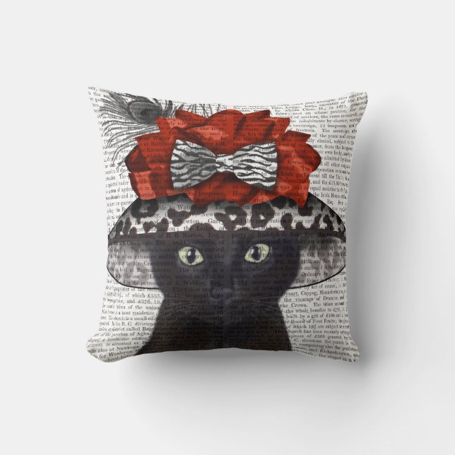 Black Cat with Fabulous Hat Throw Pillow (Front)