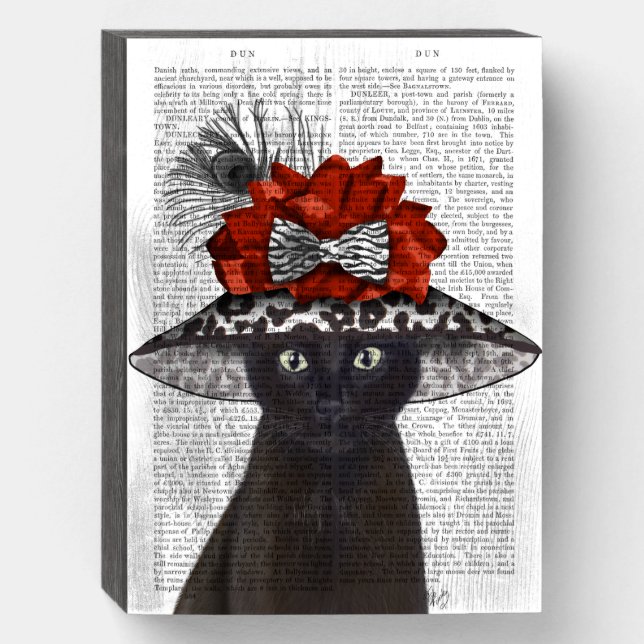 Black Cat with Fabulous Hat Wooden Box Sign (Front Vertical)