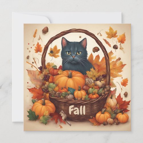 Black Cat with Fall Harvest Basket Brown  Holiday Card