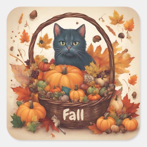 Black Cat with Fall Harvest Basket Brown  Square Sticker