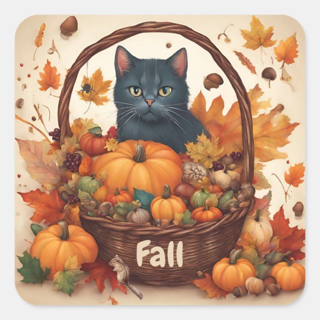 Black Cat with Fall Harvest Basket Brown  Square Sticker (Front)