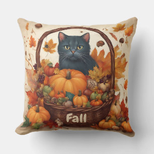 Black Cat with Fall Harvest Basket Brown Throw Pillow