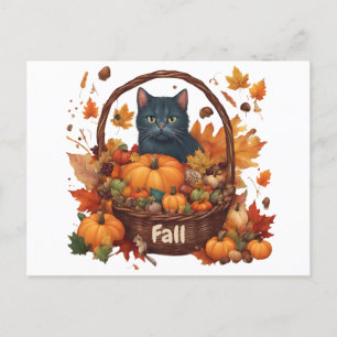 Black Cat with Fall Harvest Basket Postcard