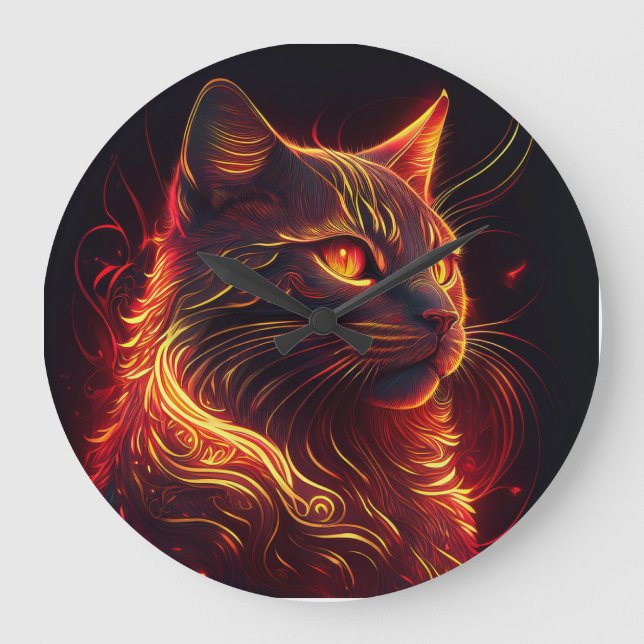Black Cat With Fire Red & Golden Aura Glossy Large Clock (Front)
