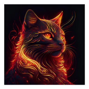 Black Cat With Fire Red & Golden Aura Glossy Poster