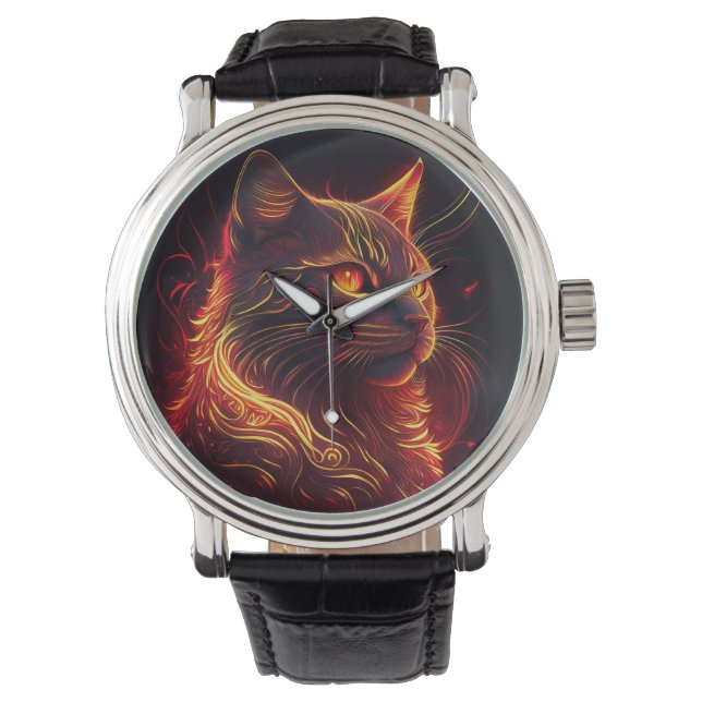 Black Cat With Fire Red & Golden Aura Watch (Front)