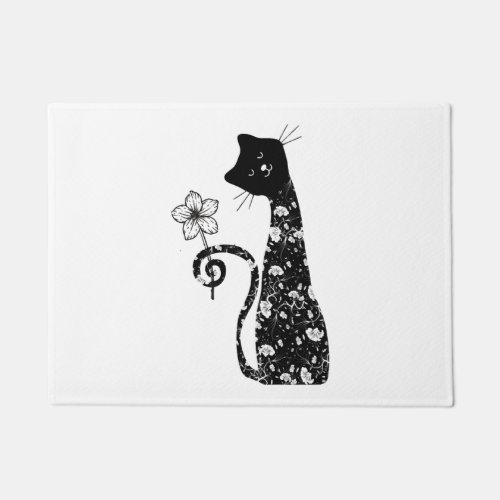 Black cat with flower               doormat