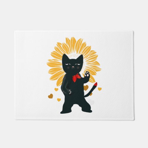 black cat with flower             doormat