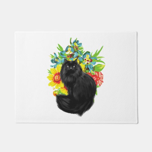 black cat with flower         doormat