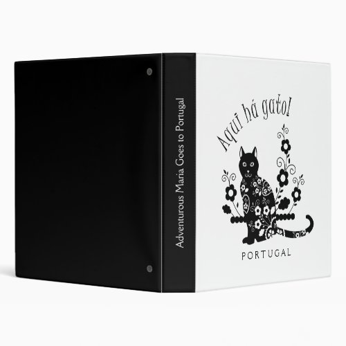 Black cat with flowers and Portuguese expression 3 Ring Binder