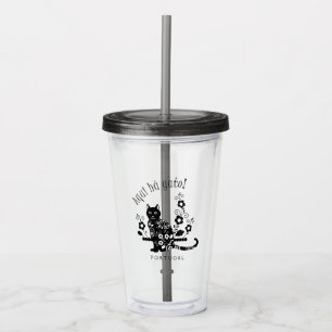 Black cat with flowers and Portuguese expression Acrylic Tumbler