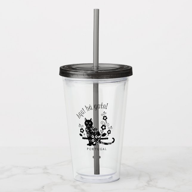 Black cat with flowers and Portuguese expression Acrylic Tumbler (Front)