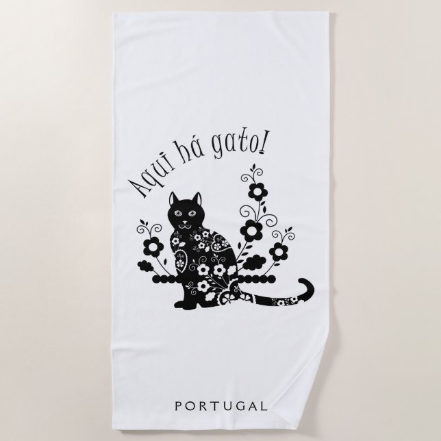 Black cat with flowers and Portuguese expression Beach Towel (Front)