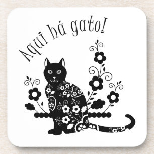 Black cat with flowers and Portuguese expression Beverage Coaster