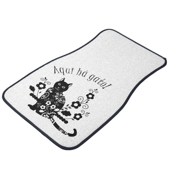 Black cat with flowers and Portuguese expression Car Floor Mat (Angled)
