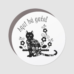 Black cat with flowers and Portuguese expression Car Magnet