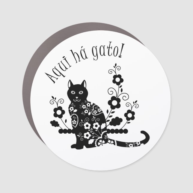 Black cat with flowers and Portuguese expression Car Magnet (Front)