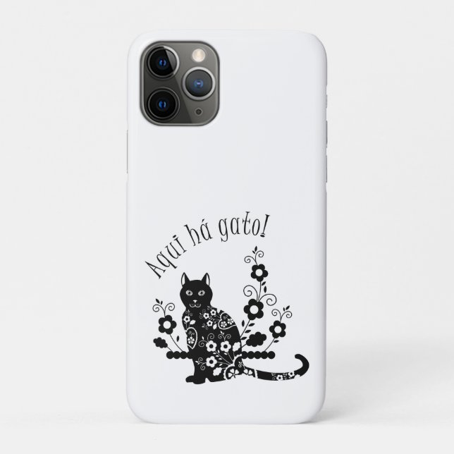 Black cat with flowers and Portuguese expression Case-Mate iPhone Case (Back)