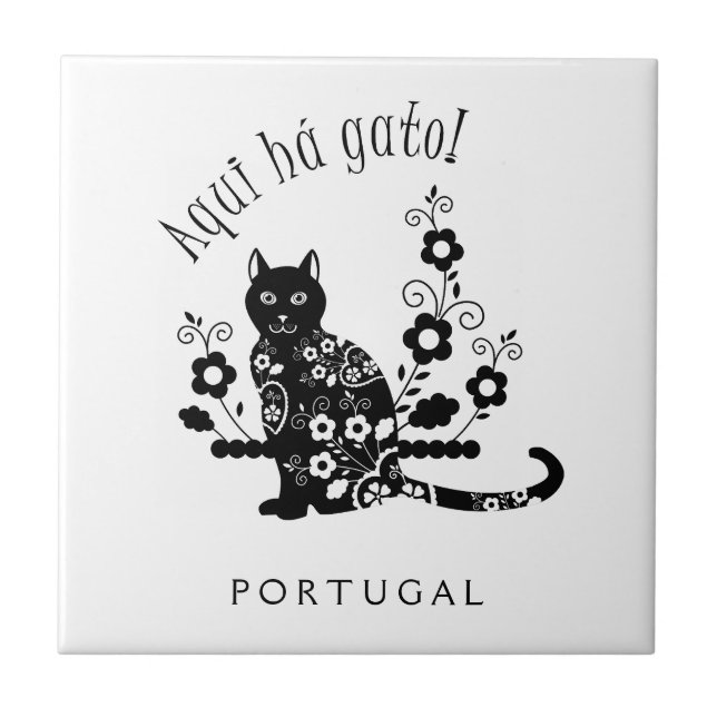 Black cat with flowers and Portuguese expression Ceramic Tile (Front)