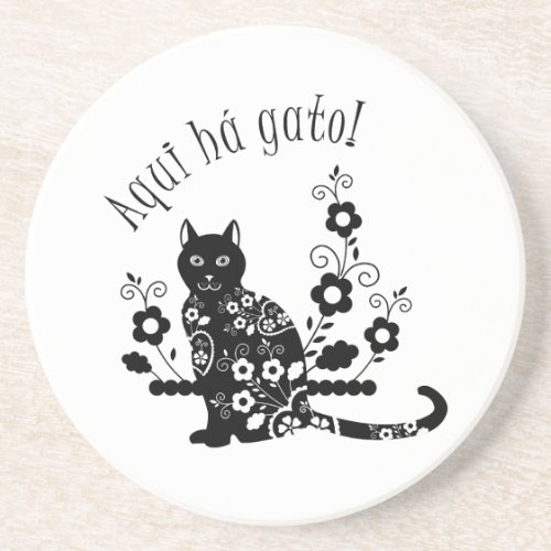 Black cat with flowers and Portuguese expression Coaster