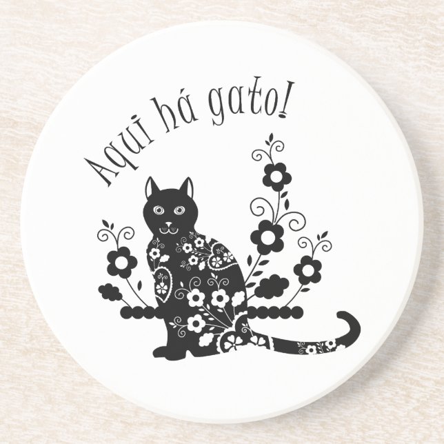 Black cat with flowers and Portuguese expression Coaster (Front)