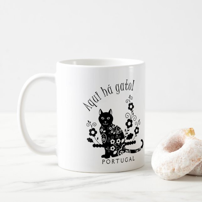 Black cat with flowers and Portuguese expression Coffee Mug (With Donut)