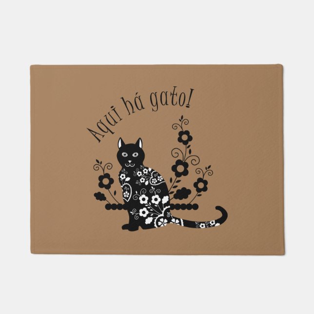 Black cat with flowers and Portuguese expression Doormat (Front)