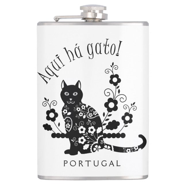 Black cat with flowers and Portuguese expression Flask (Front)