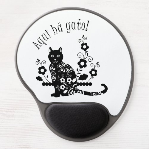 Black cat with flowers and Portuguese expression Gel Mouse Pad