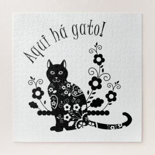 Black cat with flowers and Portuguese expression Jigsaw Puzzle