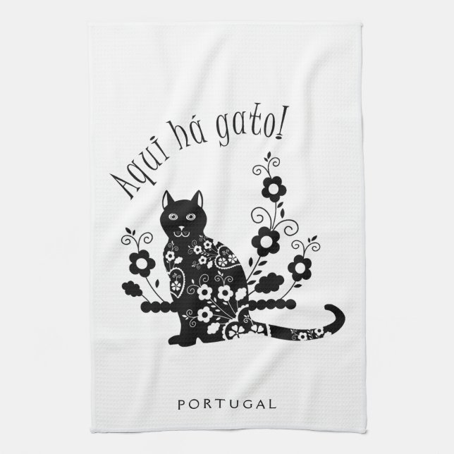 Black cat with flowers and Portuguese expression Kitchen Towel (Vertical)