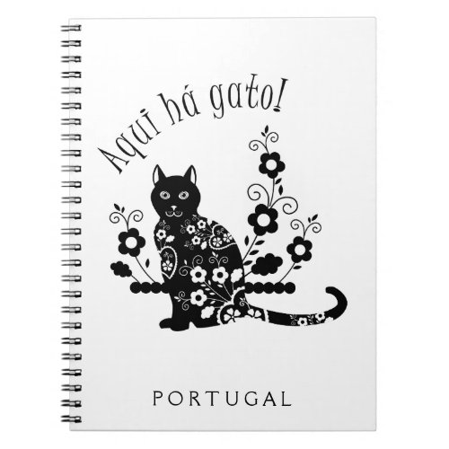 Black cat with flowers and Portuguese expression Notebook