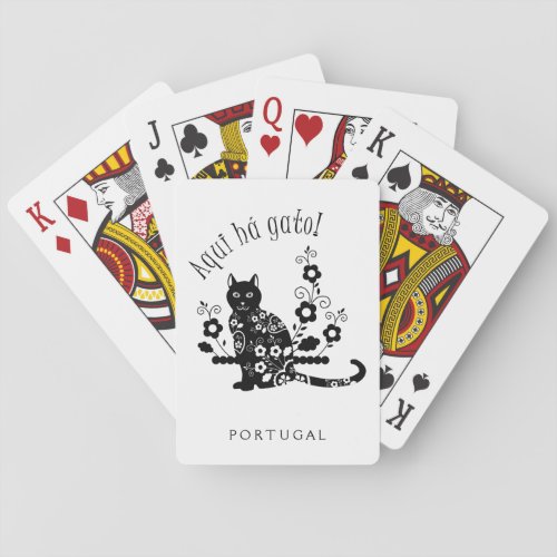 Black cat with flowers and Portuguese expression Playing Cards