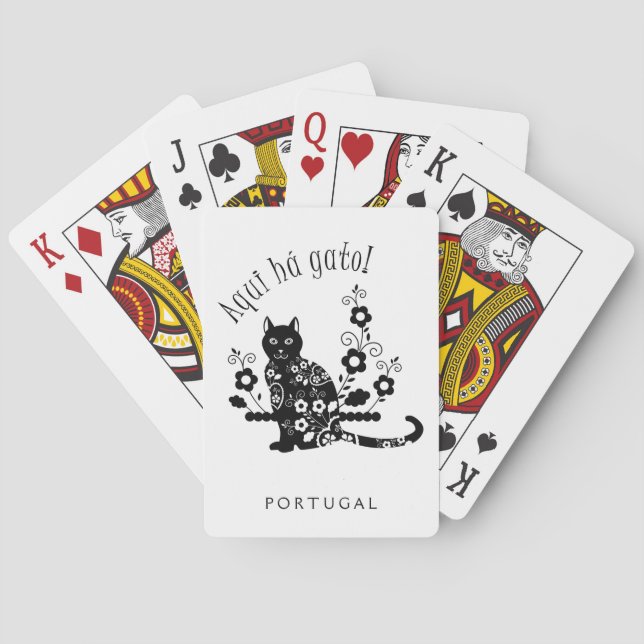 Black cat with flowers and Portuguese expression Poker Cards (Back)