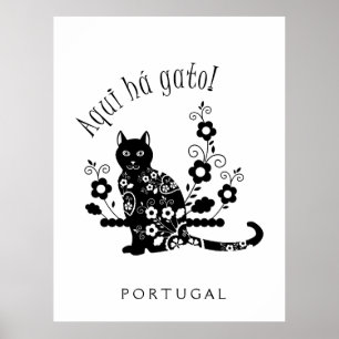 Black cat with flowers and Portuguese expression Poster