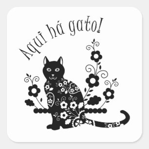 Black cat with flowers and Portuguese expression Square Sticker