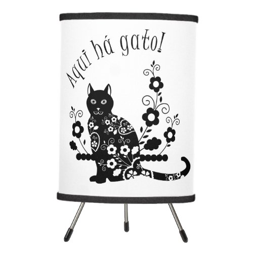 Black cat with flowers and Portuguese expression Tripod Lamp