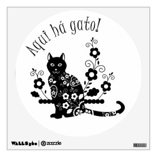 Black cat with flowers and Portuguese expression Wall Decal