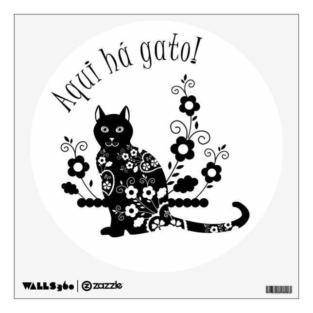 Black cat with flowers and Portuguese expression Wall Decal (Front)