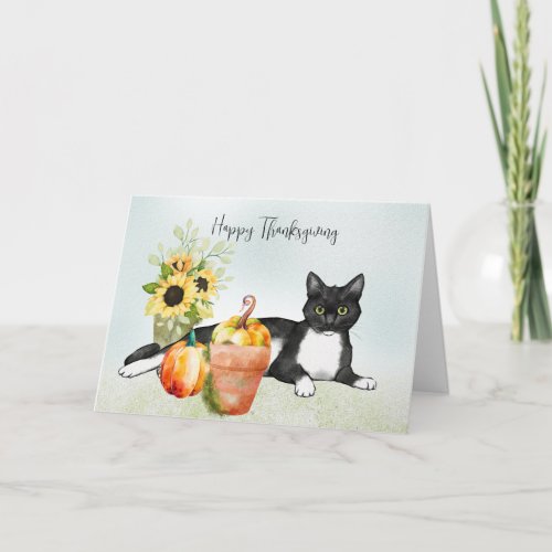 Black Cat with Flowers and Pumpkins Thanksgiving Card
